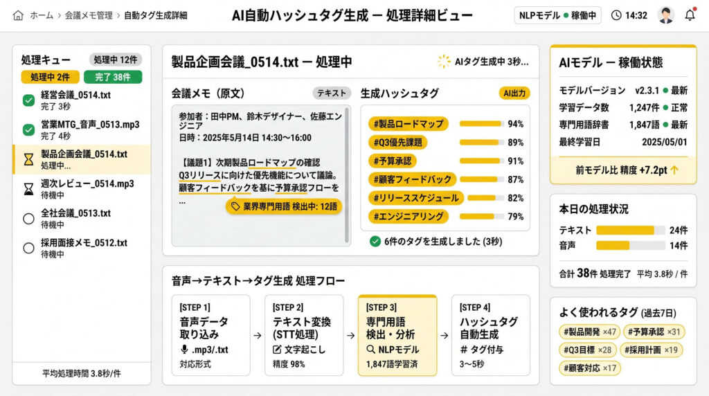 会議録の検索性を根本から変える 業界特化型NLPによる自動ハッシュタグ付与システムの開発